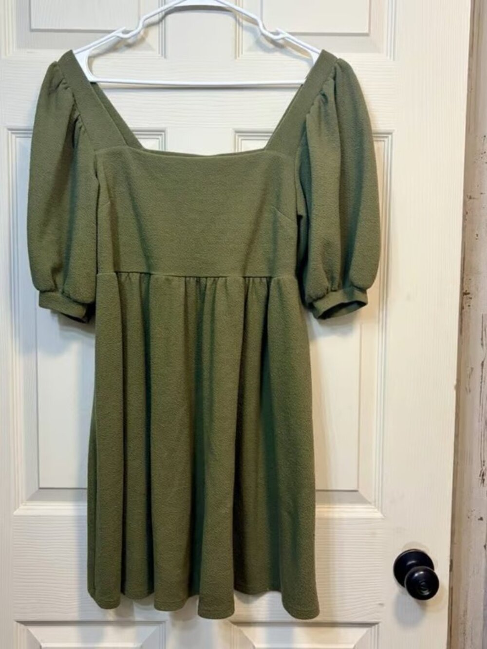 Scoop Olive Green Puff Sleeve Babydoll Dress Womens Small 4-6 Square Neck Boho